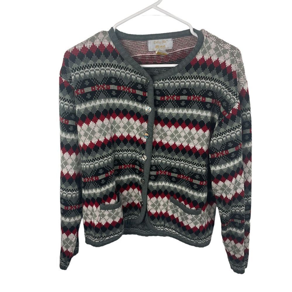 Tally Ho 100% Acrylic Red Gray Christmas Holiday Knit Sweater Cardigan Sz M
